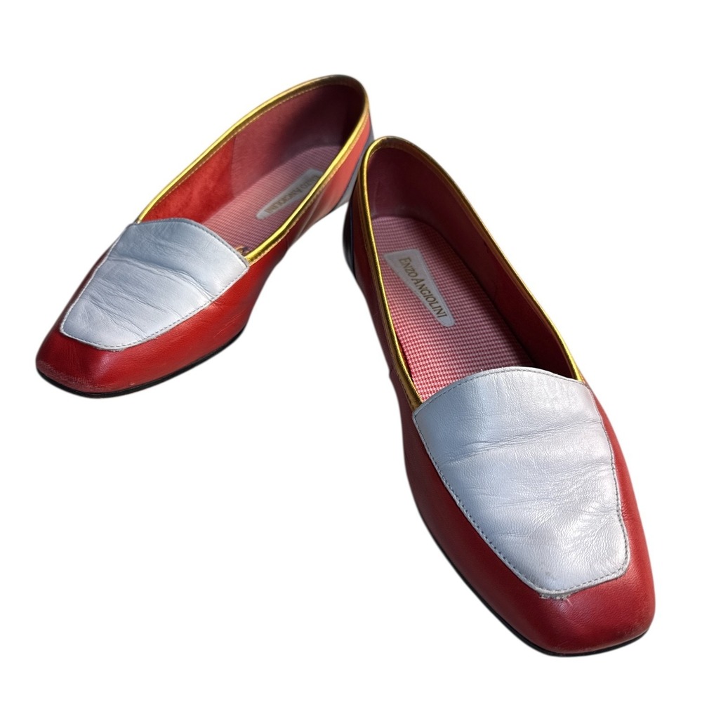 Y2K Enzo Angiolini Liberty Square-Toe Leather Loafers Flats Red Navy Gold Size 8